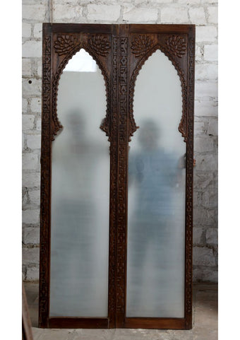 Vintage Moorish Arch Door Pair Carved Wood Frosted Glass Double Doors 96x48